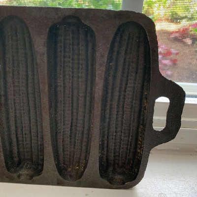 Vintage cast iron corn bread pan and iron