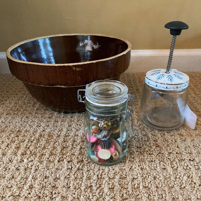 Vintage chopper, pottery bowl and button jar