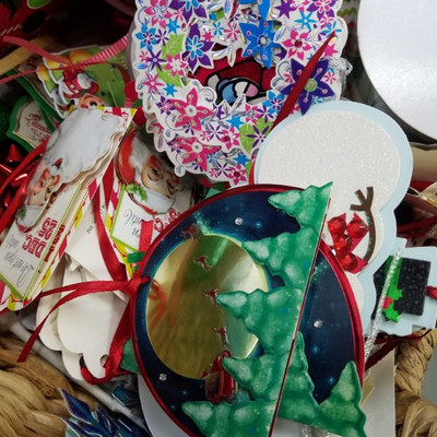 Wicker Basket Full of Christmas Ribbon & Gift Tags