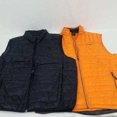 2 Men's Packable Vest Jackets, 1 Orange & 1 Black, Size Large