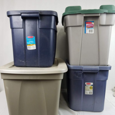 4 Rubbermaid Storage Bins with Lids: Gray, Blue, Green Lid