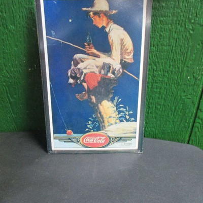 Coca-Cola Norman Rockwell Tin Sign Boy Fishing with Dog 1989
