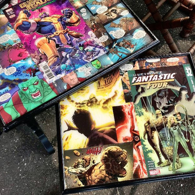 MARVEL NESTING TABLE SET w/ AVENGERS Guardians of The Galaxy & FF Comics Art