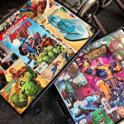 MARVEL NESTING TABLE SET w/ AVENGERS Guardians of The Galaxy & FF Comics Art