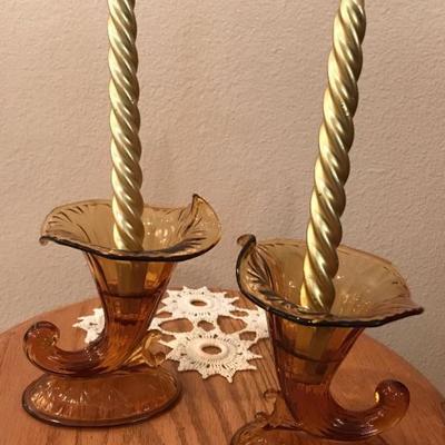 Fenton cornucopia glass candlestick holders. $10 each