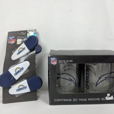 NFL Chargers: Rocks Glass Gift Set & Bag Clips - New