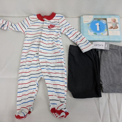 Two 18 Mo Pants, Nike Onesie, & First Year Belly Stickers - New