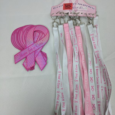 Breast Cancer Awareness Lanyards 10 & 10 Ribbon Magnets - New