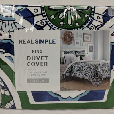 Real Simple King Duvet Cover, Green/Blue - New