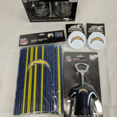 NFL Chargers: Rocks Glasses, Magnetic Chip Clips, Bottle Opener, Straws - New
