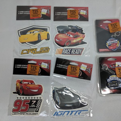 4 Disney's Cars Scratch n Sniff Stickers & 2 Cars Keychains - New
