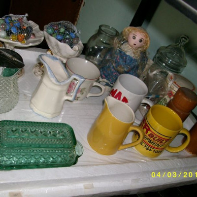Butter dish, ceramic creamers, assorted coffee cups, salt & pepper shakers