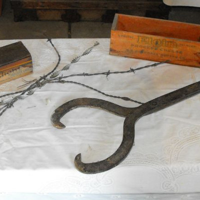 LOT 69  Hand Tools/Hardware/Ice Tongs/Galvanized Bucket and Barbed Wire