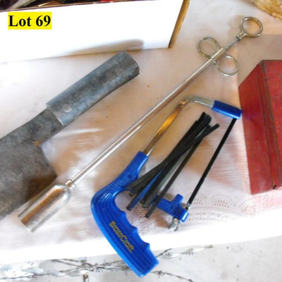 LOT 69  Hand Tools/Hardware/Ice Tongs/Galvanized Bucket and Barbed Wire
