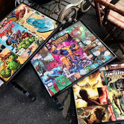 MARVEL NESTING TABLE SET w/ AVENGERS Guardians of The Galaxy & FF Comics Art