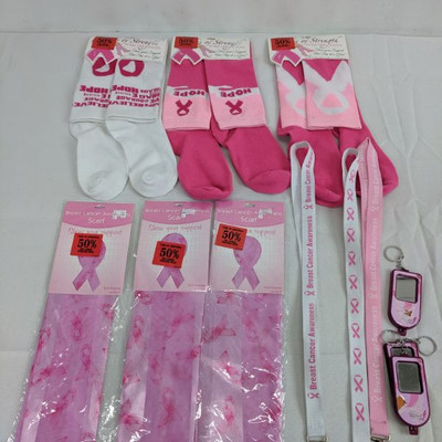 Cancer Awareness: 3 Lanyards, 3 Socks, 3 Scarves, 3 Keychain Mirrors - New