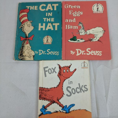 3 Vintage Dr. Seuss Books: The Cat in the Hat - Fox In Socks