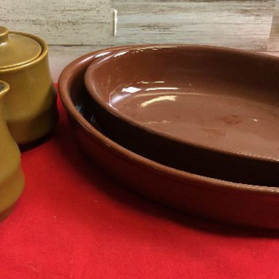 Lot 109 Brown Stone ware baking dishes and sugar cream set
