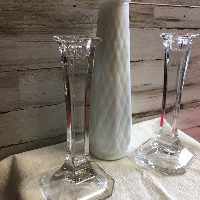 Lot 203 All one money: Milk Glass vase and pair of clear candle sticks