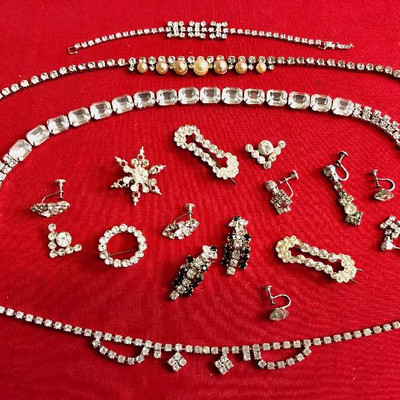 Lot 208 Lot of Vintage Rhinestone Earrings, necklace, bracelet and pins