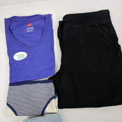 Hanes Large: Purple V Neck Shirt, Black Capri, Underwear, Socks (Women)
