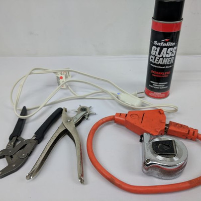Power Cords, Tape Measure, Glass Cleaner, Tools