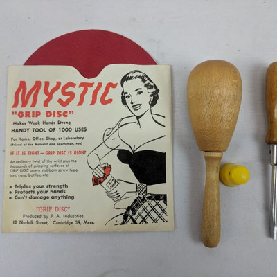 Vintage Wooden Darning Egg, Sewing Tool W/ Thimble, Mystic Grip Disc