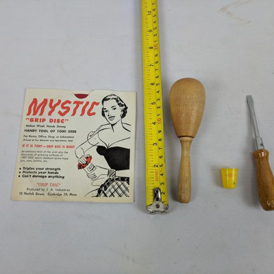 Vintage Wooden Darning Egg, Sewing Tool W/ Thimble, Mystic Grip Disc