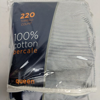 220 TC 100% Cotton Percale Striped Queen Sheet Set - Open Package