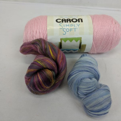3 Types of Yarn: Pink, Purple Multi, Blue Multi