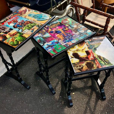 MARVEL NESTING TABLE SET w/ AVENGERS Guardians of The Galaxy & FF Comics Art