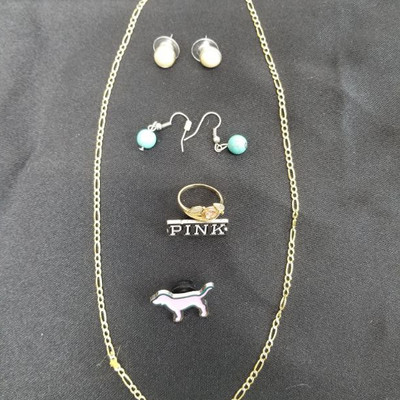 Costume Jewelry Lot - 6pc: Pins, Earrings, Necklace