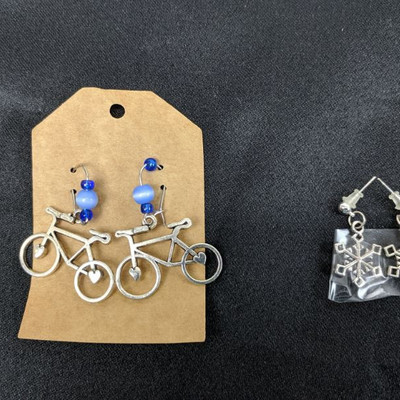 2 Pair Earrings: Bicycles, Snowflakes