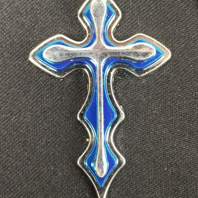 Costume Necklace - Blue & Chrome Cross on Metal Chain