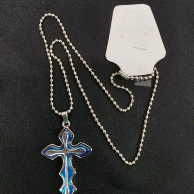 Costume Necklace - Blue & Chrome Cross on Metal Chain