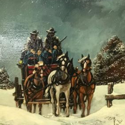Signed Rosalie Adams Stagecoach Oil Painting