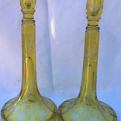 Pair Vintage Bohemian/Czech Amber Acid Etched Candlesticks Flowers with design
