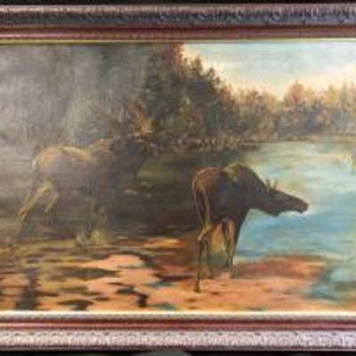 Hudson River School Style Moose Painting