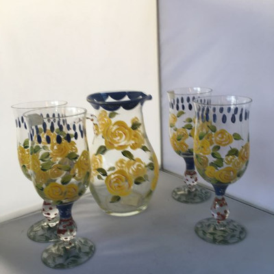 Vintage set Tracy Porter 4 hand-paint glasses and carafe