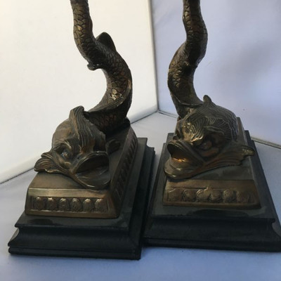 Vintage pair of sea serpent brass / bronze candleholders