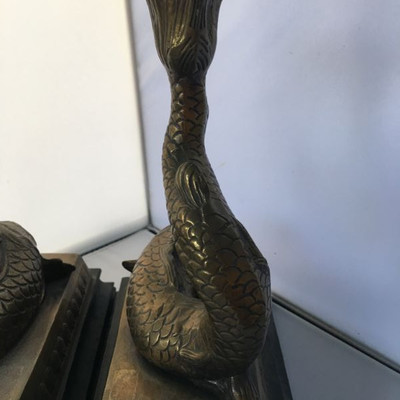 Vintage pair of sea serpent brass / bronze candleholders