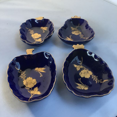 Vintage set of 4 gilded Limoges cobalt blue dishes