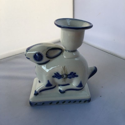 Vintage blue and white rabbit candle-holder