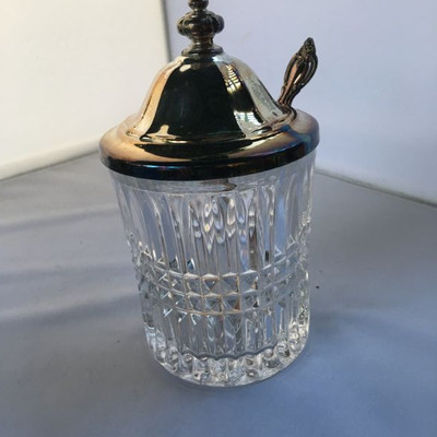 Vintage crystal sugar / honey jar with silver-plate lid and spoon