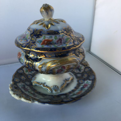 Vintage / Antique Birmah gilded lidded two-handled gravy bowl with spoon, and plate set