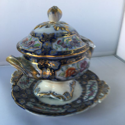Vintage / Antique Birmah gilded lidded two-handled gravy bowl with spoon, and plate set
