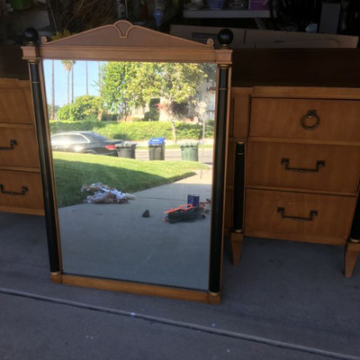 Vintage 1960's Large Credenza, Mirror Pair Side Stands Drexel Egyptian Revival