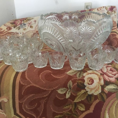 Mid-Century LARGE CUT BRILLIANT CRYSTAL BOWL WITH 18 GLASSES