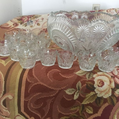 Mid-Century LARGE CUT BRILLIANT CRYSTAL BOWL WITH 18 GLASSES