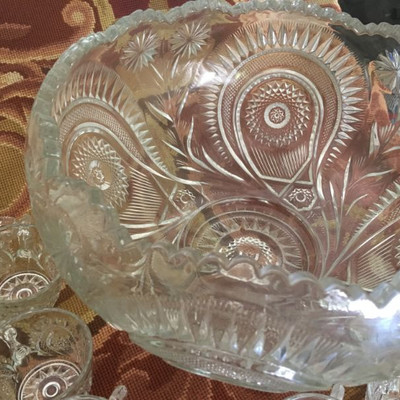 Mid-Century LARGE CUT BRILLIANT CRYSTAL BOWL WITH 18 GLASSES